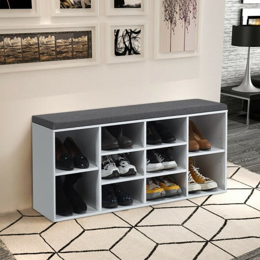 10-Cube Organizer Shoe Storage Bench with Cushion for Entryway-White - Color: White W2B