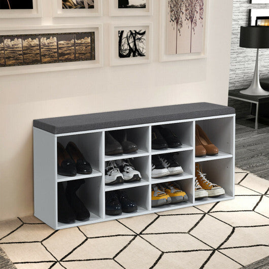 10-Cube Organizer Shoe Storage Bench with Cushion for Entryway-White W2B