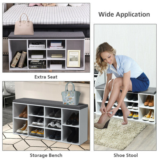 10-Cube Organizer Shoe Storage Bench with Cushion for Entryway-White W2B