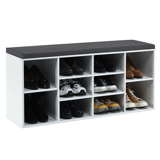 10-Cube Organizer Shoe Storage Bench with Cushion for Entryway-White W2B