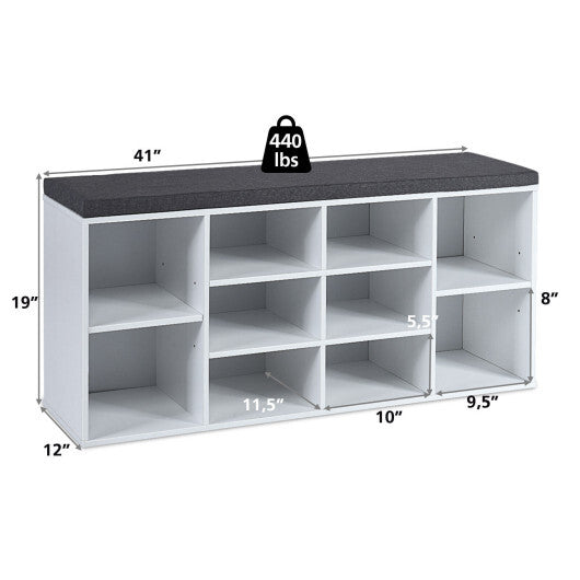 10-Cube Organizer Shoe Storage Bench with Cushion for Entryway-White W2B