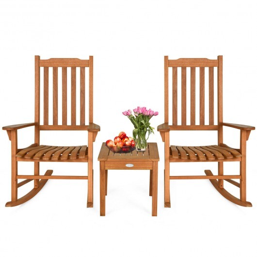 3 Pieces Eucalyptus Rocking Chair Set with Coffee Table