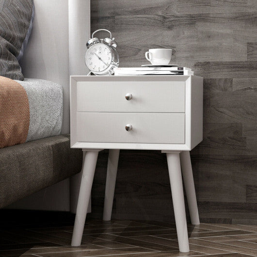 Wooden Nightstand Mid-Century End Side Table with 2 Storage Drawers-White W2B