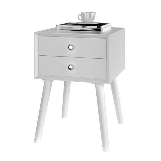 Wooden Nightstand Mid-Century End Side Table with 2 Storage Drawers-White W2B