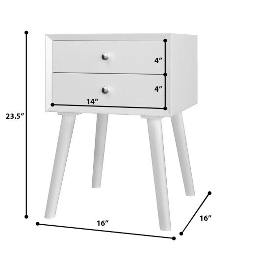 Wooden Nightstand Mid-Century End Side Table with 2 Storage Drawers-White W2B