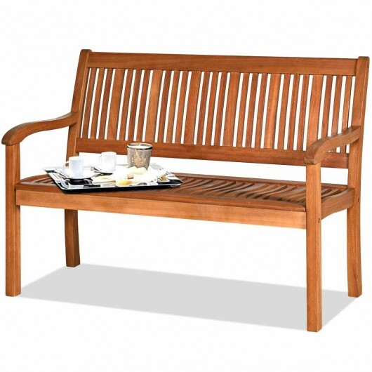 Two Person Solid Wood Garden Bench with Curved Backrest and Wide Armrest