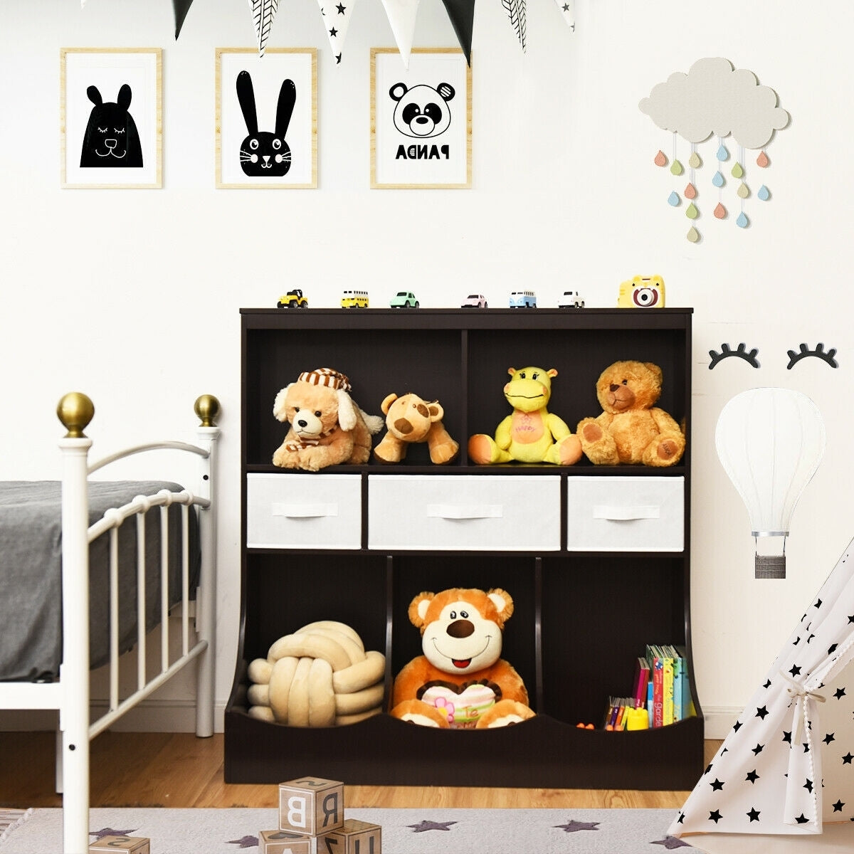 Freestanding Combo Cubby Bin Storage Organizer Unit W/3 Baskets-Brown - Color: Brown W2B