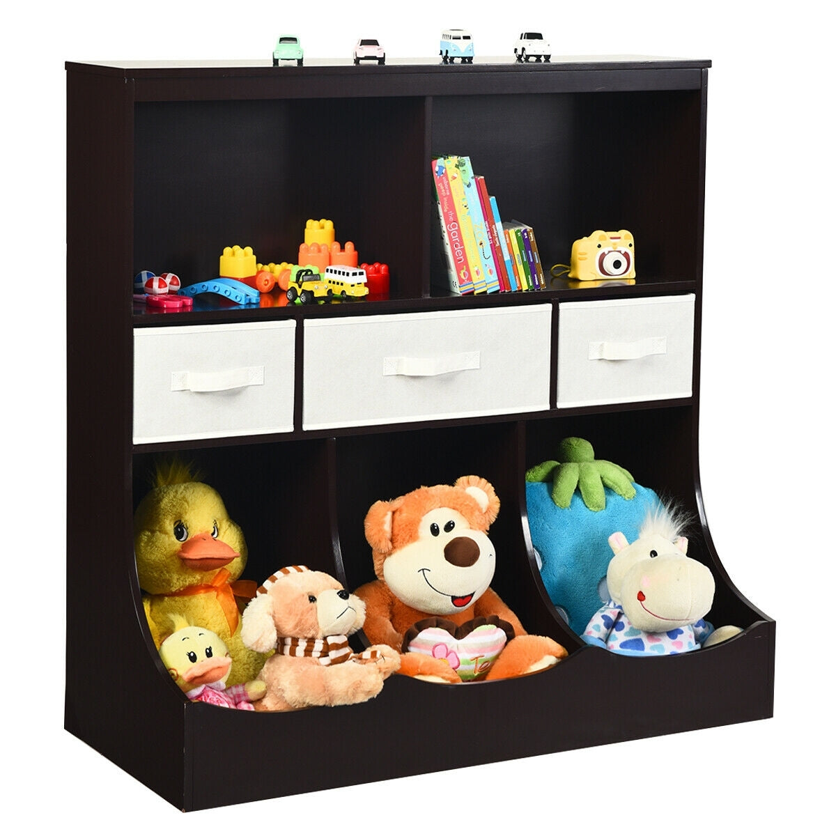 Freestanding Combo Cubby Bin Storage Organizer Unit W/3 Baskets-Brown - Color: Brown W2B