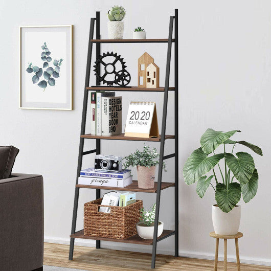 5 Tier Leaning Bookshelf Wood Metal Bookcase W2B