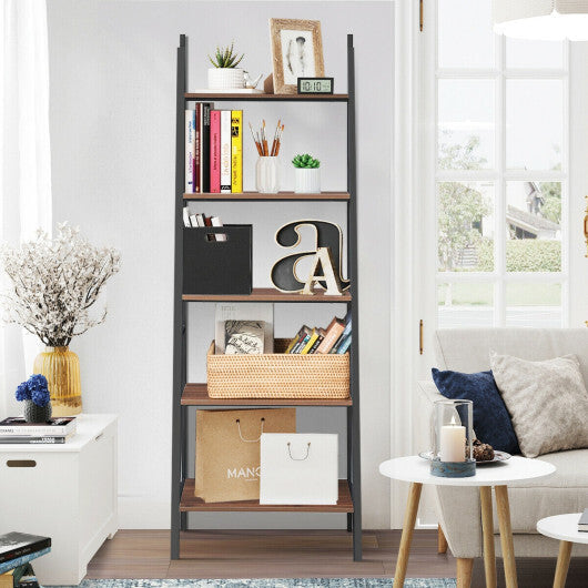 5 Tier Leaning Bookshelf Wood Metal Bookcase W2B