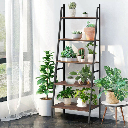 5 Tier Leaning Bookshelf Wood Metal Bookcase W2B