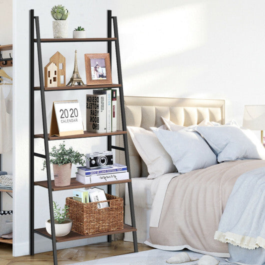 5 Tier Leaning Bookshelf Wood Metal Bookcase W2B