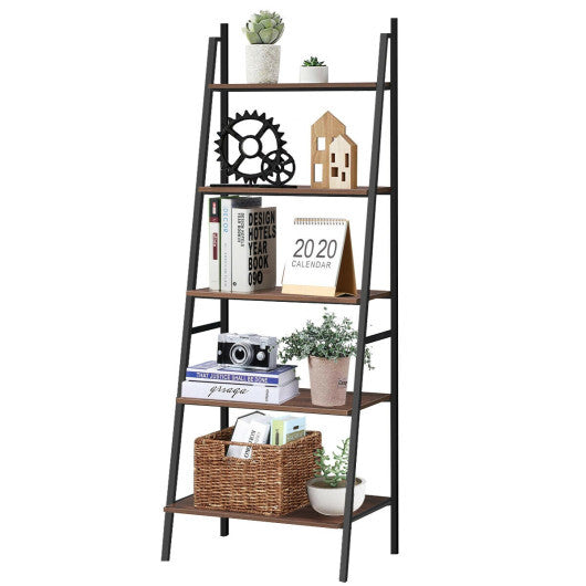 5 Tier Leaning Bookshelf Wood Metal Bookcase W2B