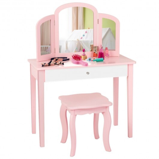 Kids Princess Make Up Dressing Table with Tri-folding Mirror and Chair-Pink W2B