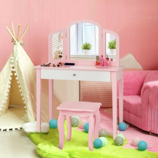 Kids Princess Make Up Dressing Table with Tri-folding Mirror and Chair-Pink W2B