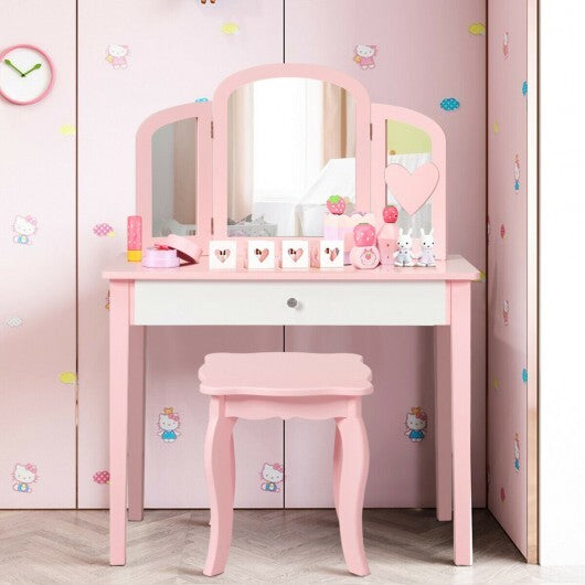 Kids Princess Make Up Dressing Table with Tri-folding Mirror and Chair-Pink W2B