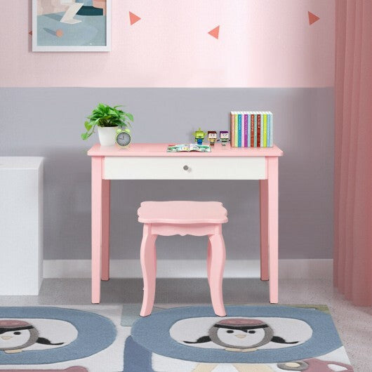 Kids Princess Make Up Dressing Table with Tri-folding Mirror and Chair-Pink W2B