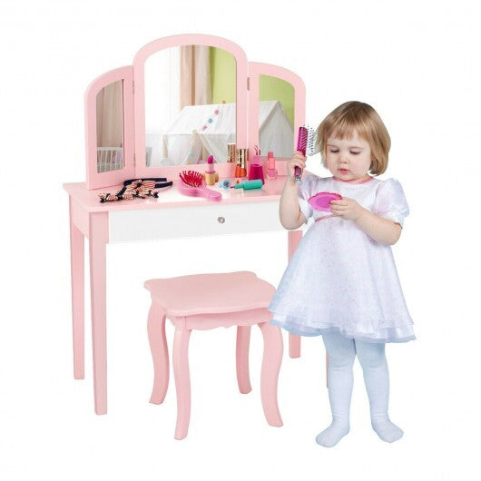 Kids Princess Make Up Dressing Table with Tri-folding Mirror and Chair-Pink W2B