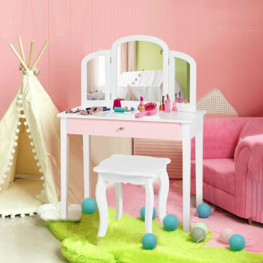 Kids Princess Make Up Dressing Table with Tri-folding Mirror and Chair-Pink W2B
