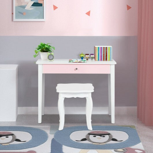 Kids Princess Make Up Dressing Table with Tri-folding Mirror and Chair-Pink W2B