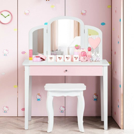 Kids Princess Make Up Dressing Table with Tri-folding Mirror and Chair-Pink W2B