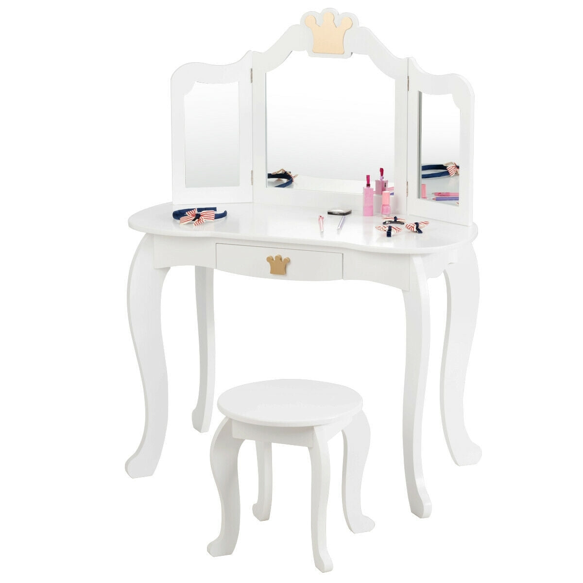 Kids Makeup Dressing Table with Tri-folding Mirror and Stool-White - Color: White W2B