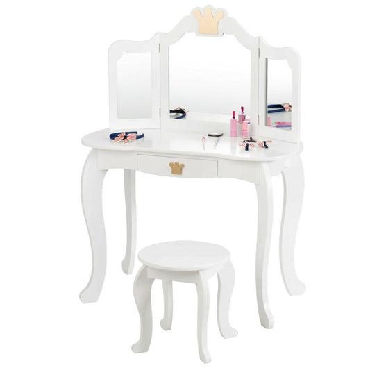 Kids Makeup Dressing Table with Tri-folding Mirror and Stool-White - Color: White W2B