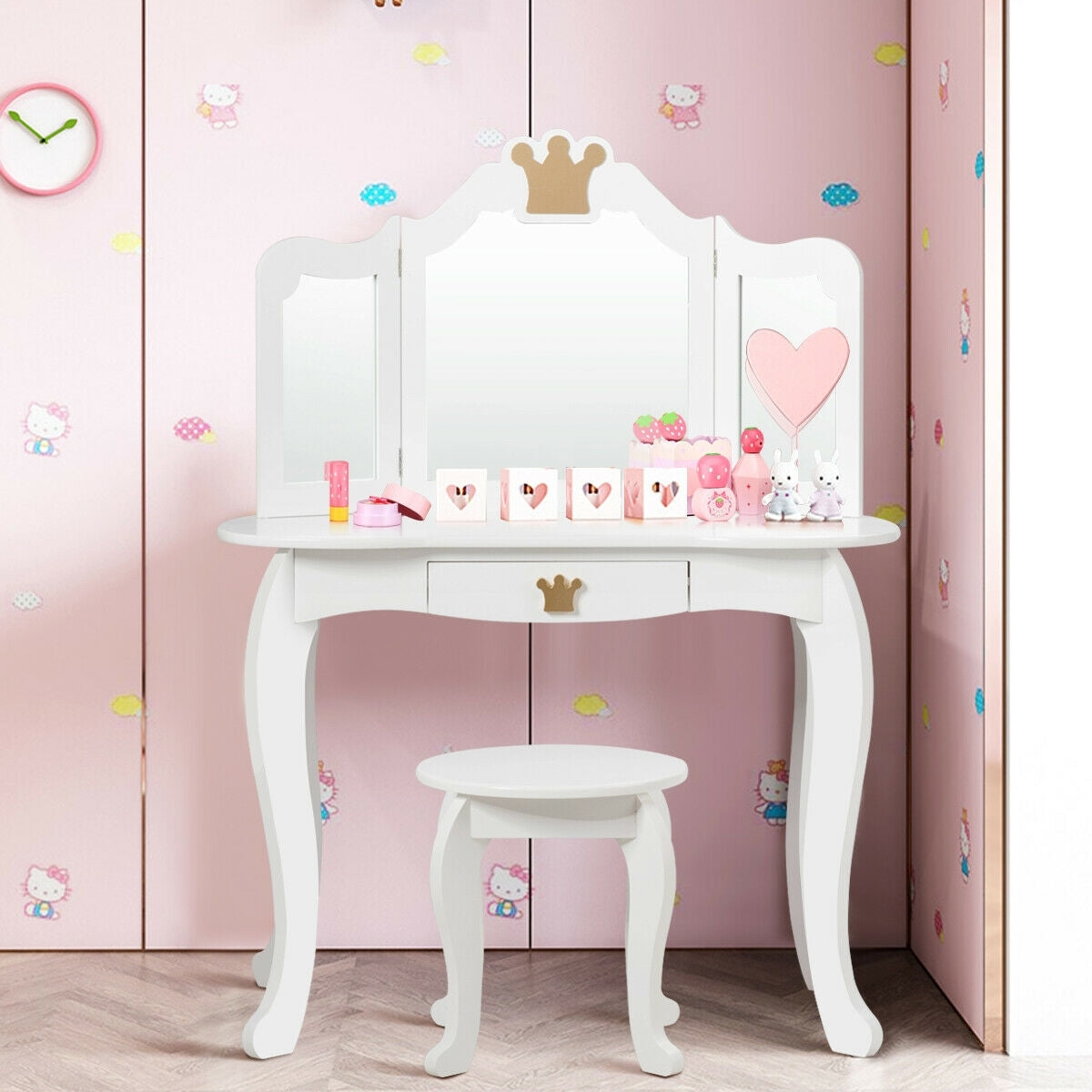 Kids Makeup Dressing Table with Tri-folding Mirror and Stool-White - Color: White W2B