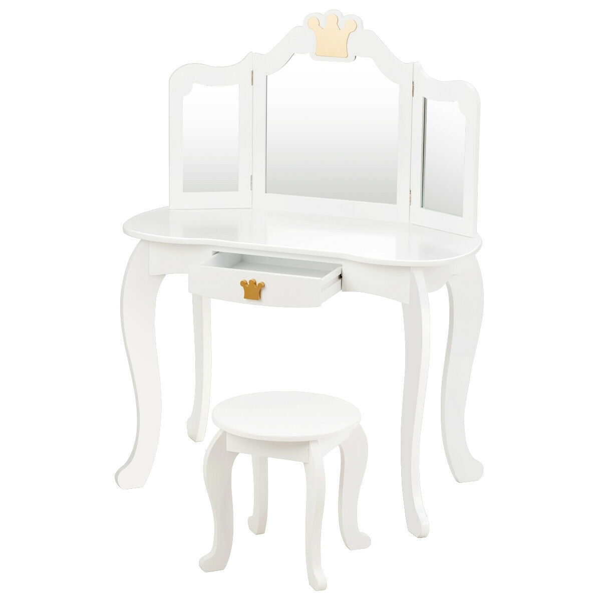 Kids Makeup Dressing Table with Tri-folding Mirror and Stool-White - Color: White W2B