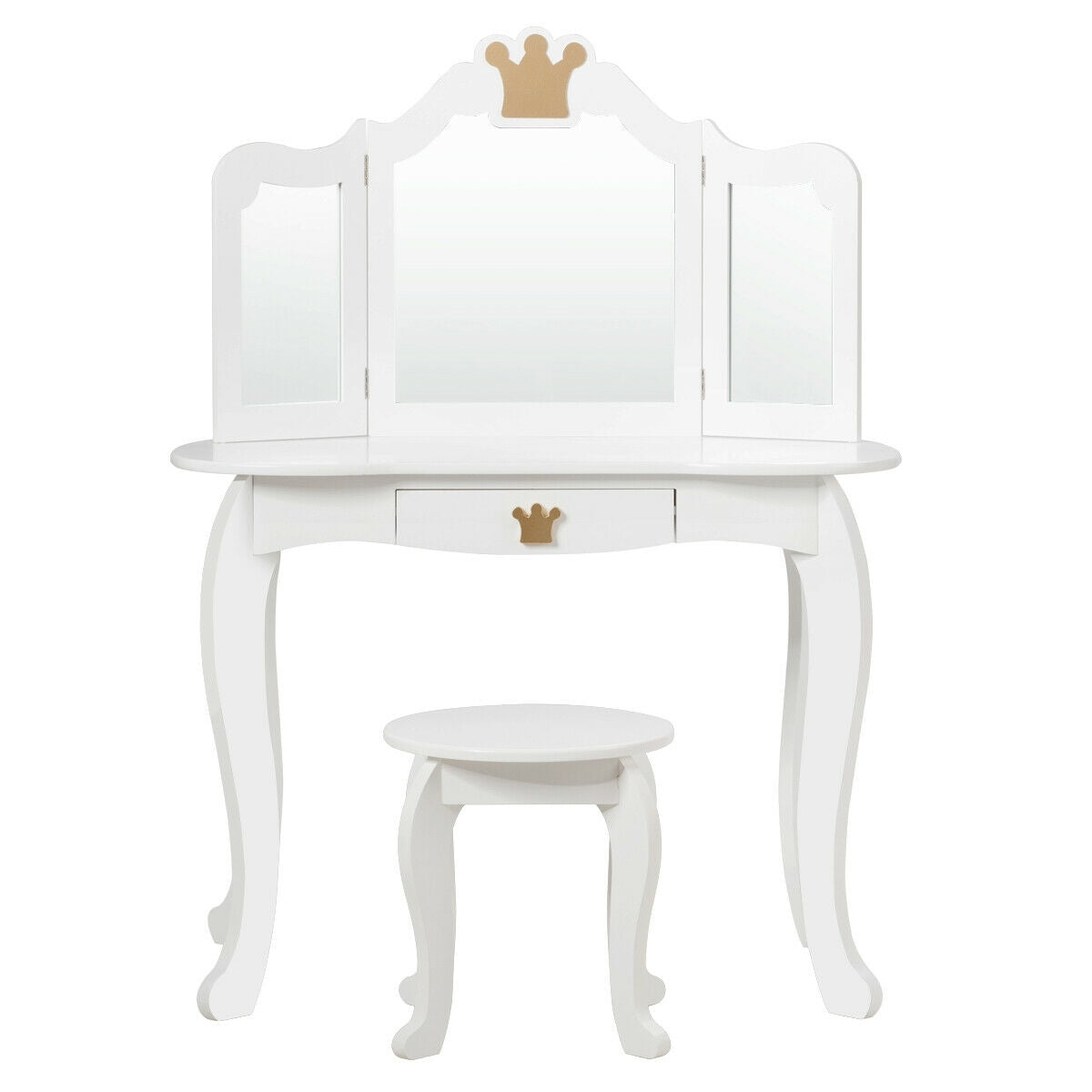 Kids Makeup Dressing Table with Tri-folding Mirror and Stool-White - Color: White W2B