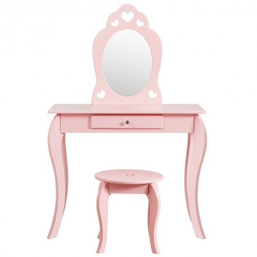 Kids Princess Makeup Dressing Play Table Set with Mirror -Pink - Color: Pink W2B
