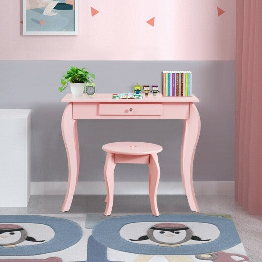 Kids Princess Makeup Dressing Play Table Set with Mirror -Pink - Color: Pink W2B