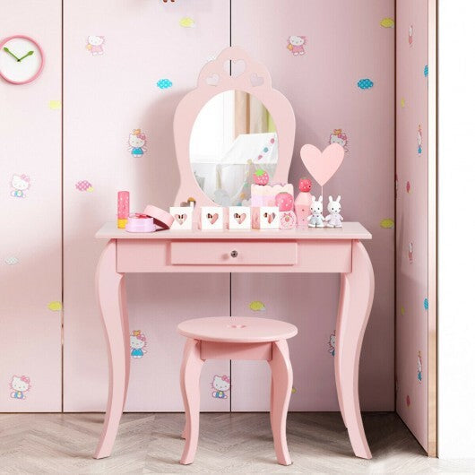 Kids Princess Makeup Dressing Play Table Set with Mirror -Pink - Color: Pink W2B