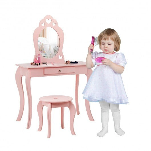 Kids Princess Makeup Dressing Play Table Set with Mirror -Pink - Color: Pink W2B