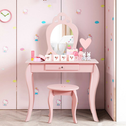 Kids Princess Makeup Dressing Play Table Set with Mirror -Pink