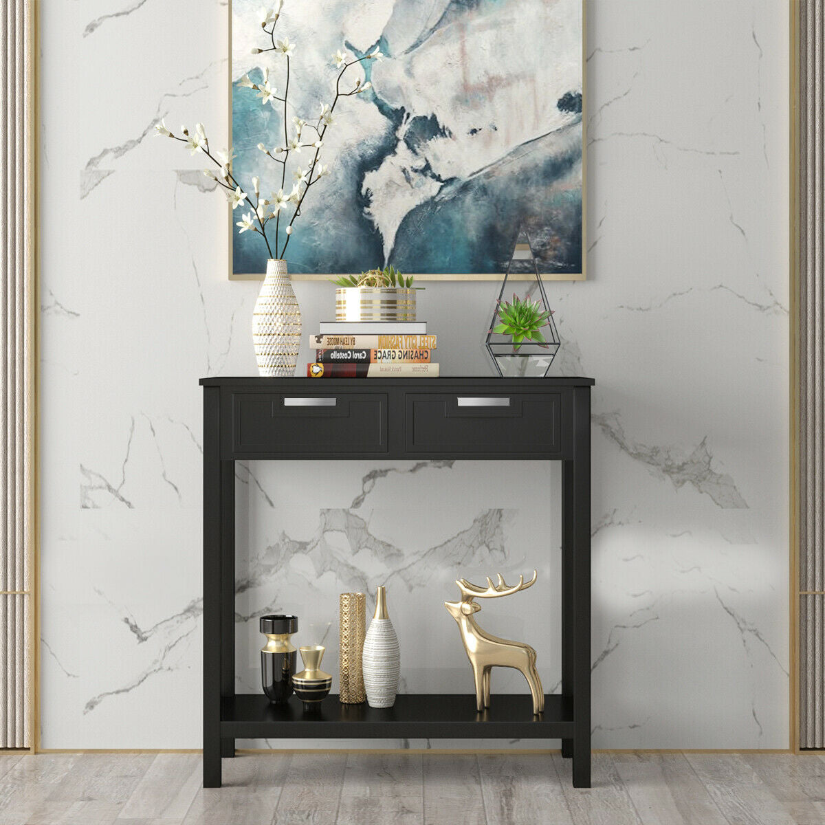 Narrow Console Table with Drawers and Open Storage Shelf-Black - Color: Black W2B