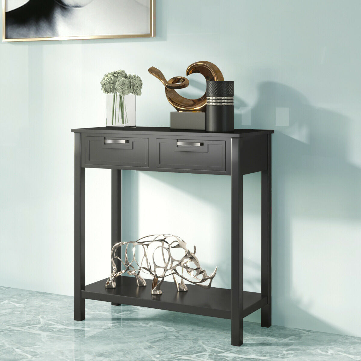 Narrow Console Table with Drawers and Open Storage Shelf-Black - Color: Black W2B