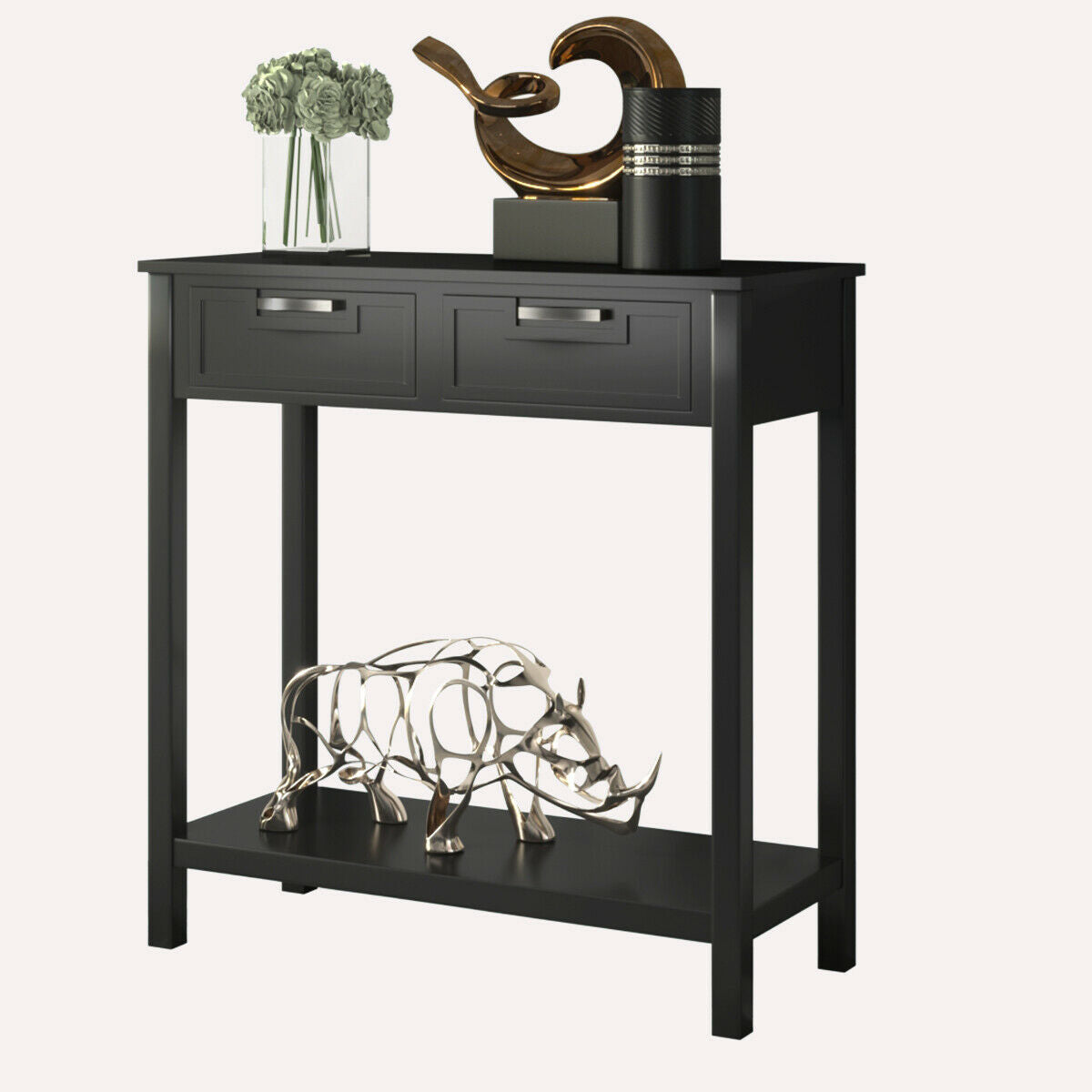 Narrow Console Table with Drawers and Open Storage Shelf-Black - Color: Black W2B