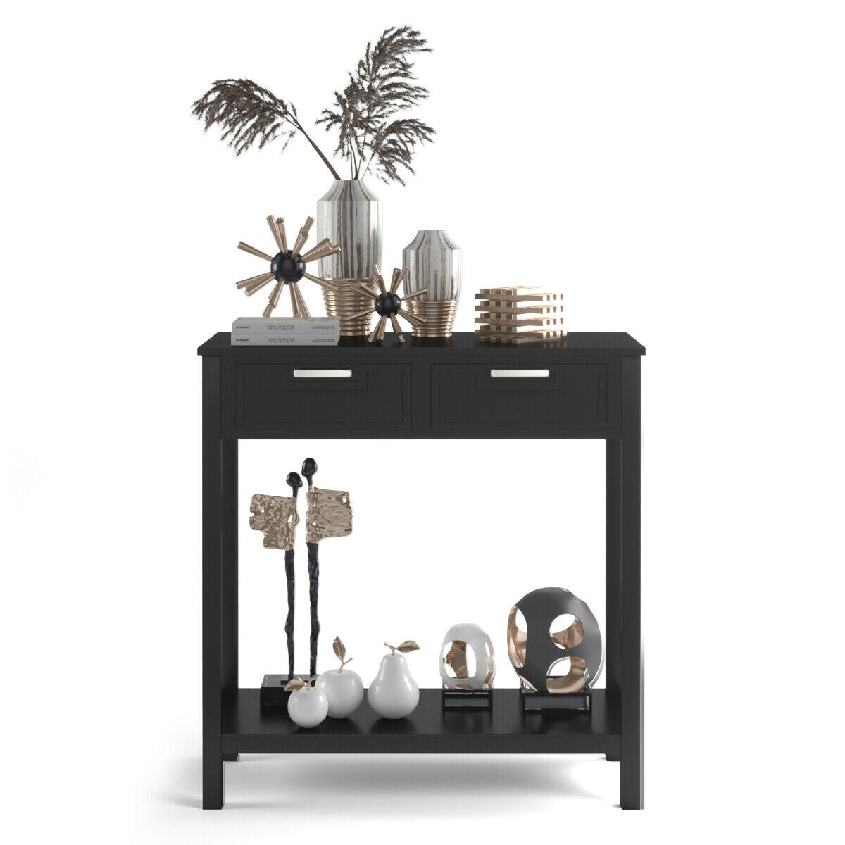 Narrow Console Table with Drawers and Open Storage Shelf-Black - Color: Black W2B