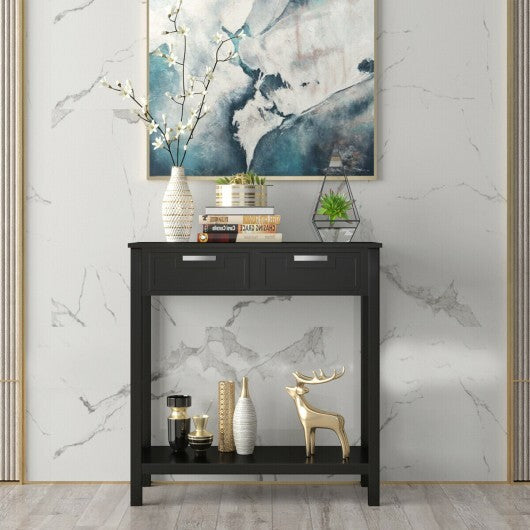 Narrow Console Table with Drawers and Open Storage Shelf-Black W2B