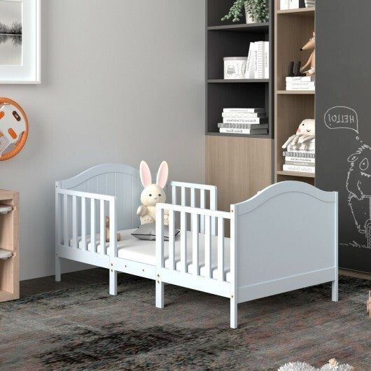2-in-1 Classic Convertible Wooden Toddler Bed with 2 Side Guardrails for Extra Safety-White