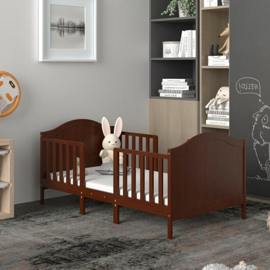 2-in-1 Classic Convertible Wooden Toddler Bed with 2 Side Guardrails for Extra Safety-White