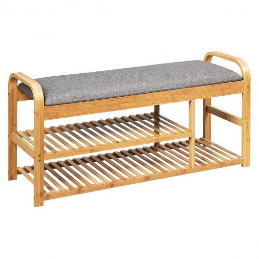 3-Tier Bamboo Shoe Rack Bench with Cushion-Natural W2B