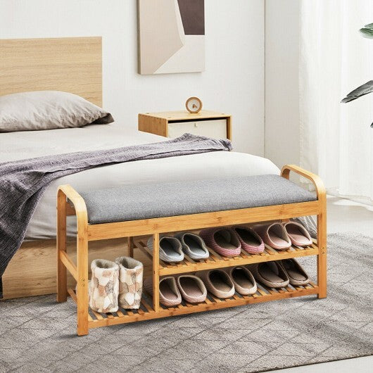 3-Tier Bamboo Shoe Rack Bench with Cushion-Natural W2B