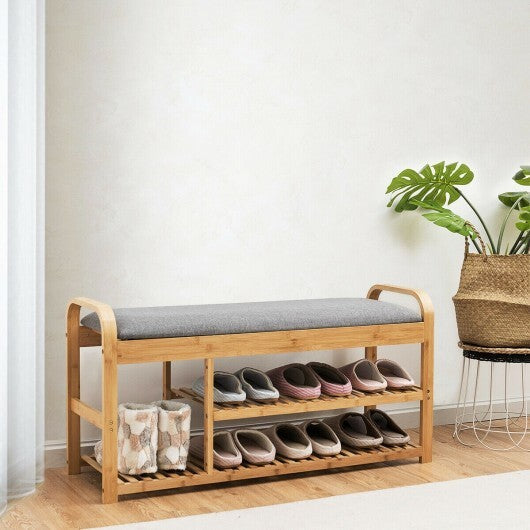 3-Tier Bamboo Shoe Rack Bench with Cushion-Natural W2B