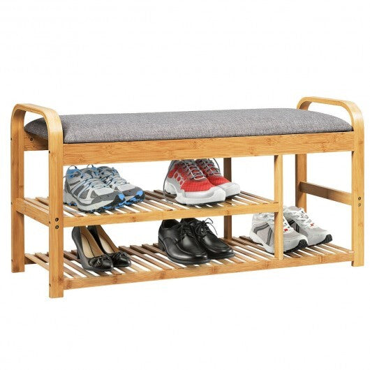 3-Tier Bamboo Shoe Rack Bench with Cushion-Natural W2B