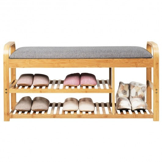 3-Tier Bamboo Shoe Rack Bench with Cushion-Natural W2B