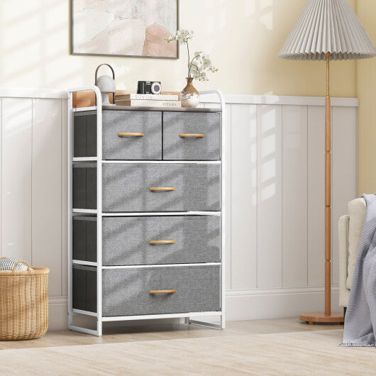 4-Tier Organizer Tower Steel Frame Wooden Top Storage with 5-Drawer Dresser-Muticolor W2B