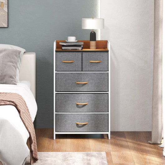 4-Tier Organizer Tower Steel Frame Wooden Top Storage with 5-Drawer Dresser-Muticolor W2B