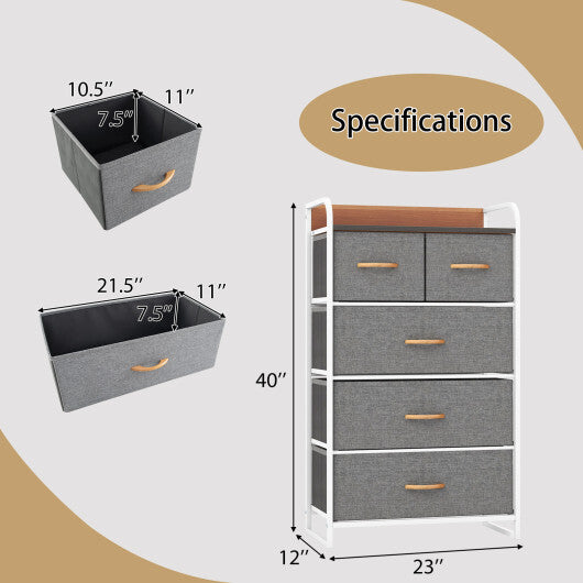 4-Tier Organizer Tower Steel Frame Wooden Top Storage with 5-Drawer Dresser-Muticolor W2B